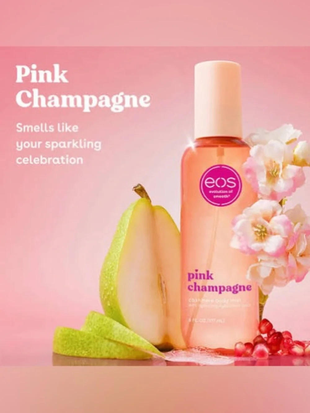 eos Pink Champagne Body Mist - Peach Pink Bottle with Cream Cap